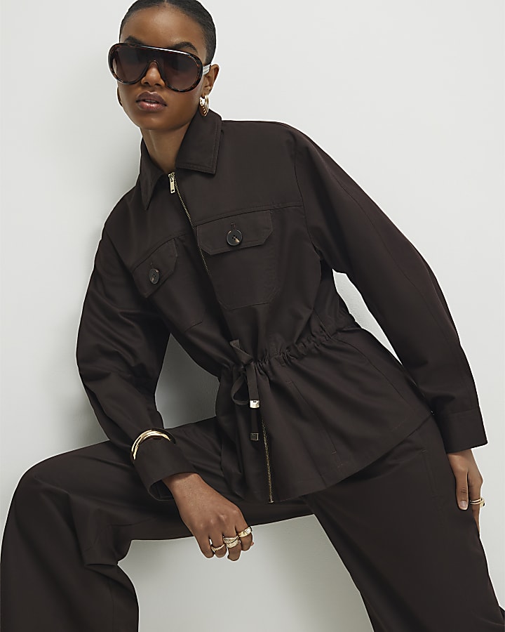 Brown Drawstring Waist Shacket