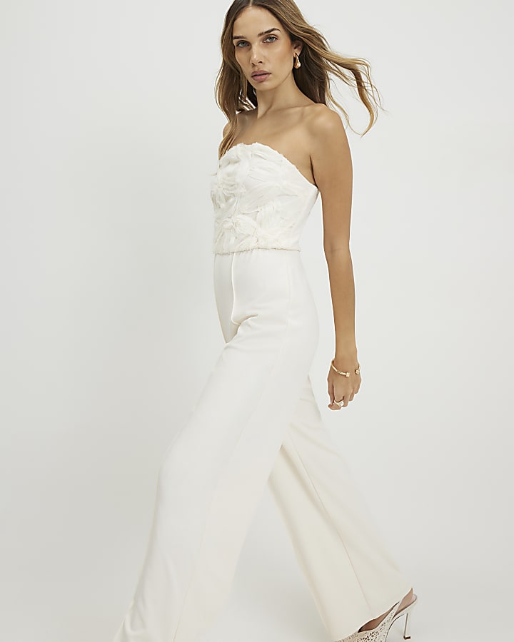 Cream 3D Flower Bandeau Jumpsuit