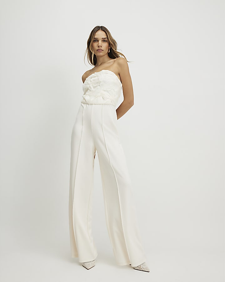 Cream 3D Flower Bandeau Jumpsuit