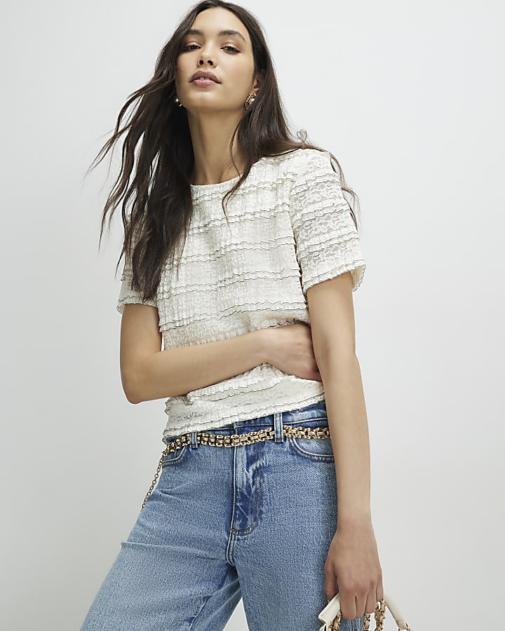 Cream Ruffle Textured Top