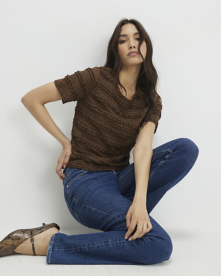Brown Ruffle Textured Top