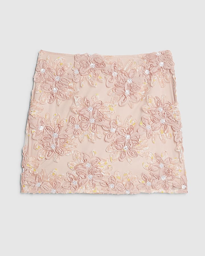 Pink 3D Floral Textured Mini Skirt