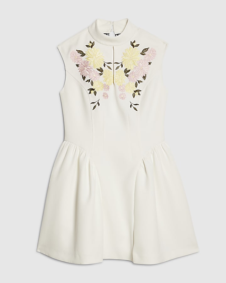 White Floral Embroidered Mini Dress