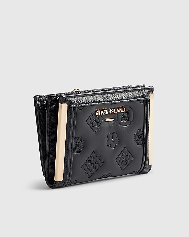 Black Quilted Monogram Print Fold Out Purse