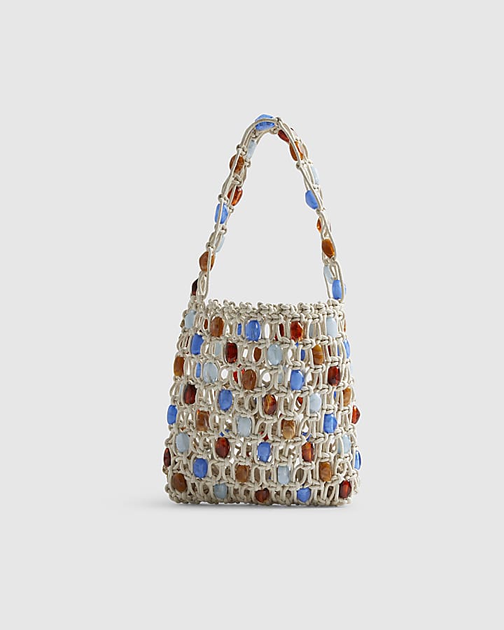 Cream Beaded 3D Flower Rope Bag