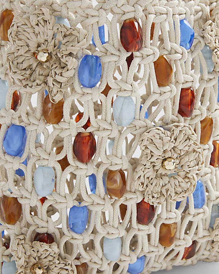 Cream Beaded 3D Flower Rope Bag