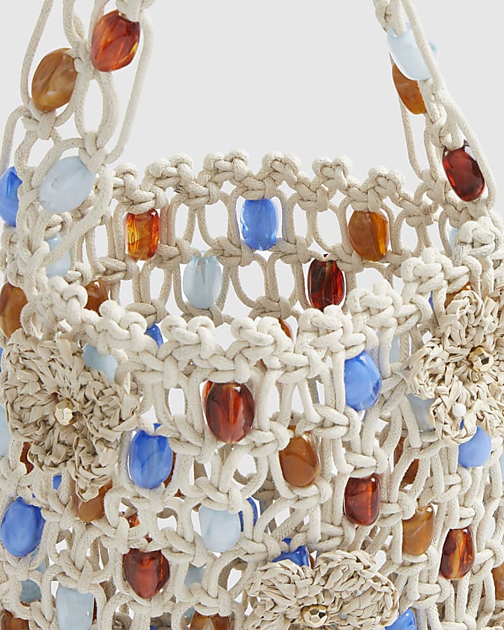 Cream Beaded 3D Flower Rope Bag