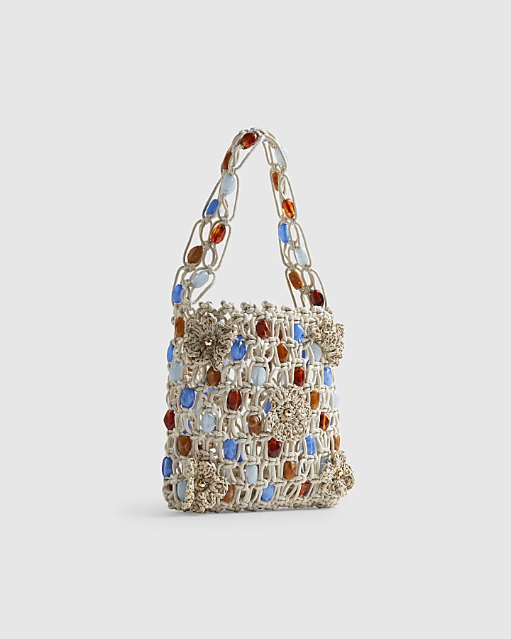 Cream Beaded 3D Flower Rope Bag
