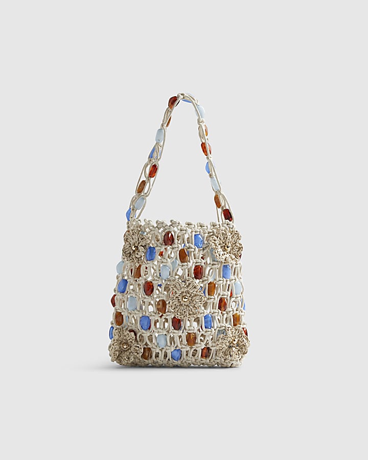 Cream Beaded 3D Flower Rope Bag