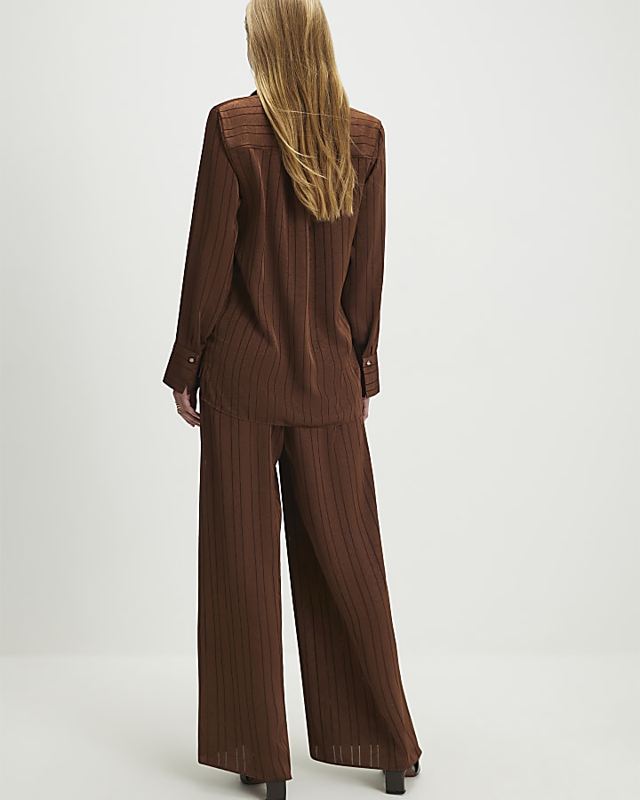 Brown Striped Drawstring Wide Leg Trousers