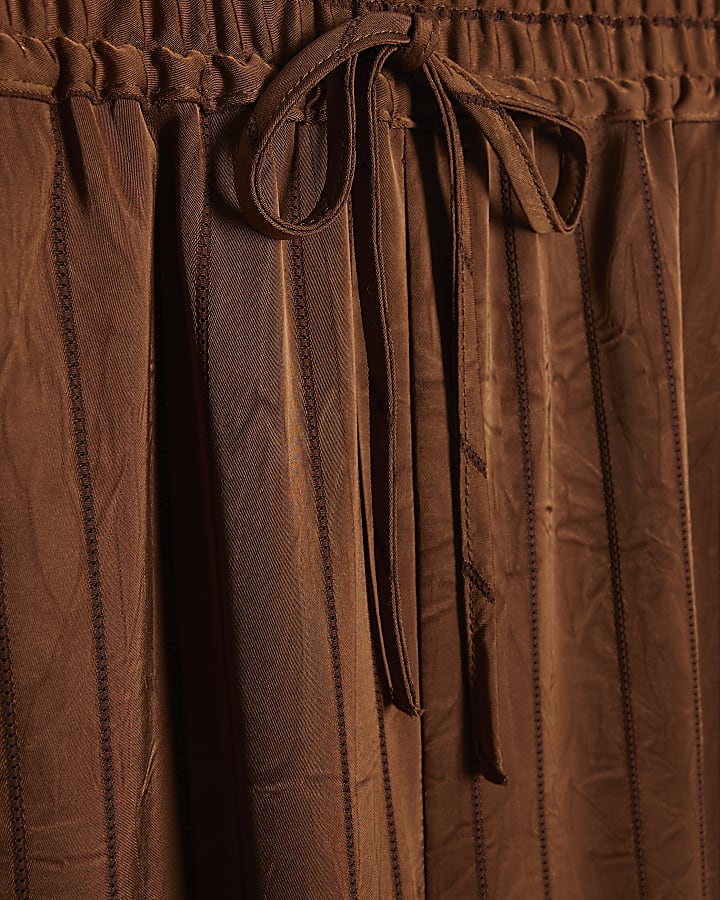 Brown Striped Drawstring Wide Leg Trousers