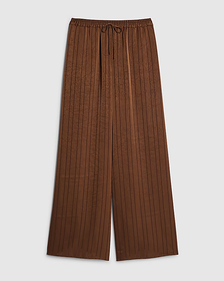 Brown Striped Drawstring Wide Leg Trousers