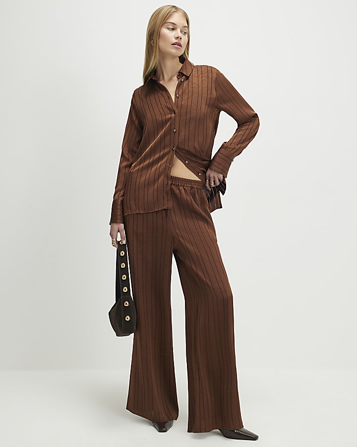Brown Striped Drawstring Wide Leg Trousers