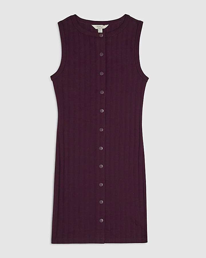 Purple Sleeveless Popper Ribbed Mini Dress