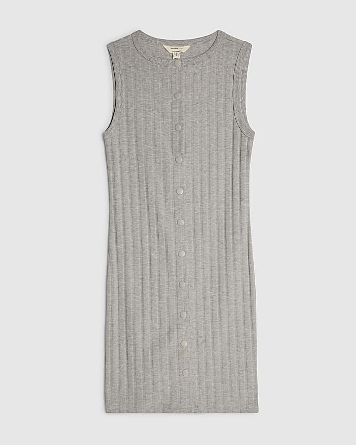 Grey Cotton Sleeveless Popper Mini Dress