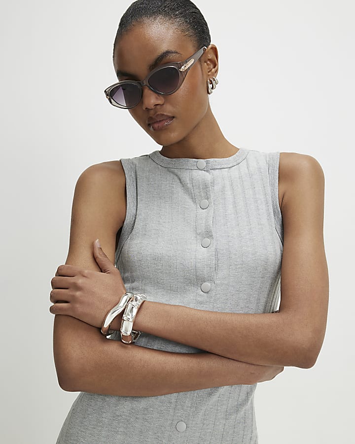 Grey Sleeveless Popper Ribbed Mini Dress