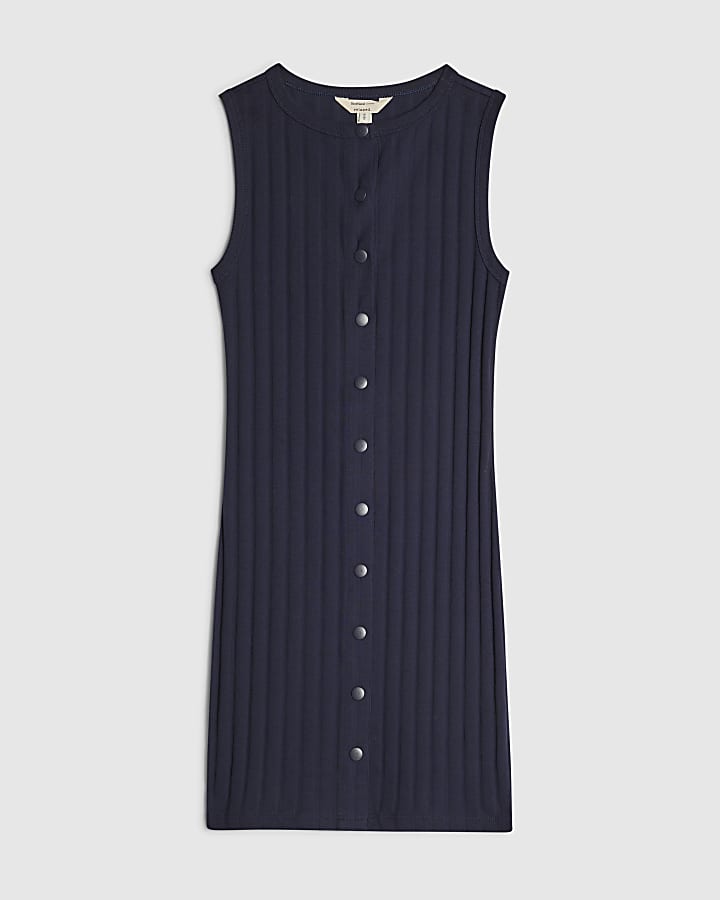 Navy Cotton Sleeveless Popper Mini Dress