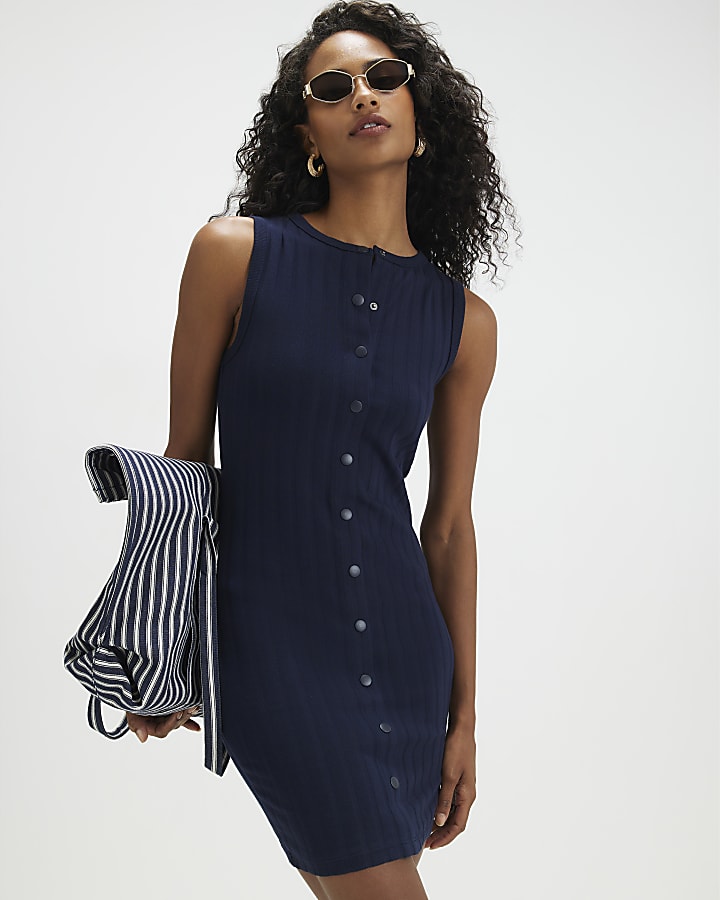 Navy Sleeveless Popper Ribbed Mini Dress