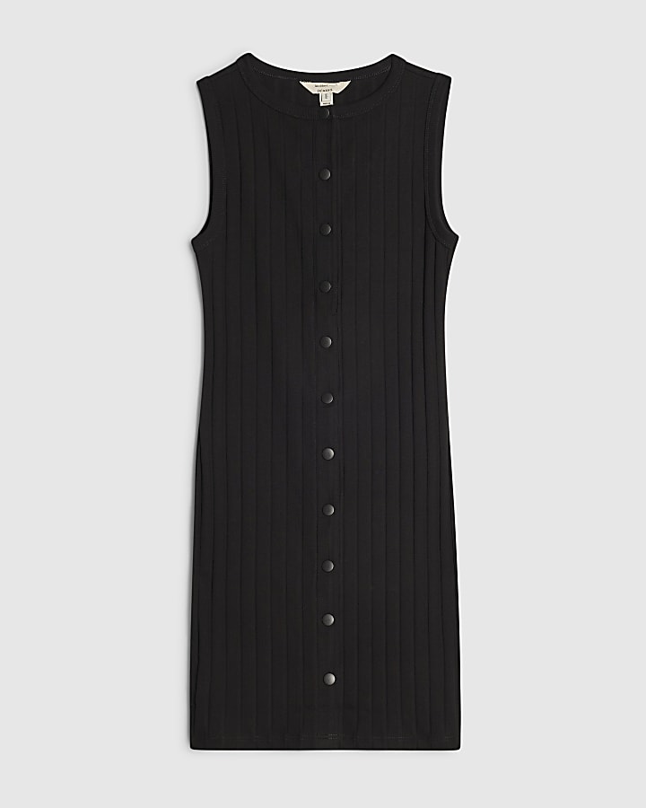 Black Cotton Sleeveless Popper Mini Dress