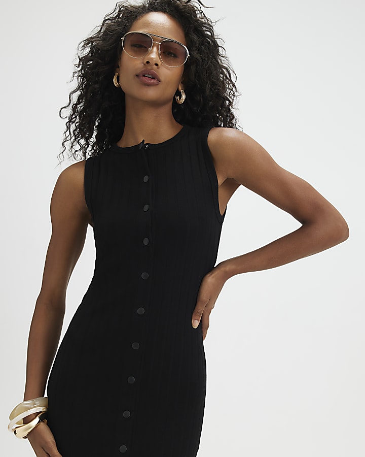 Black Sleeveless Popper Ribbed Mini Dress