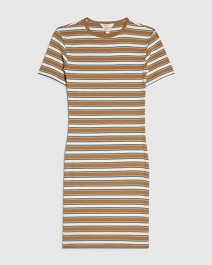 Brown Cotton Blend Stripe Mini Dress