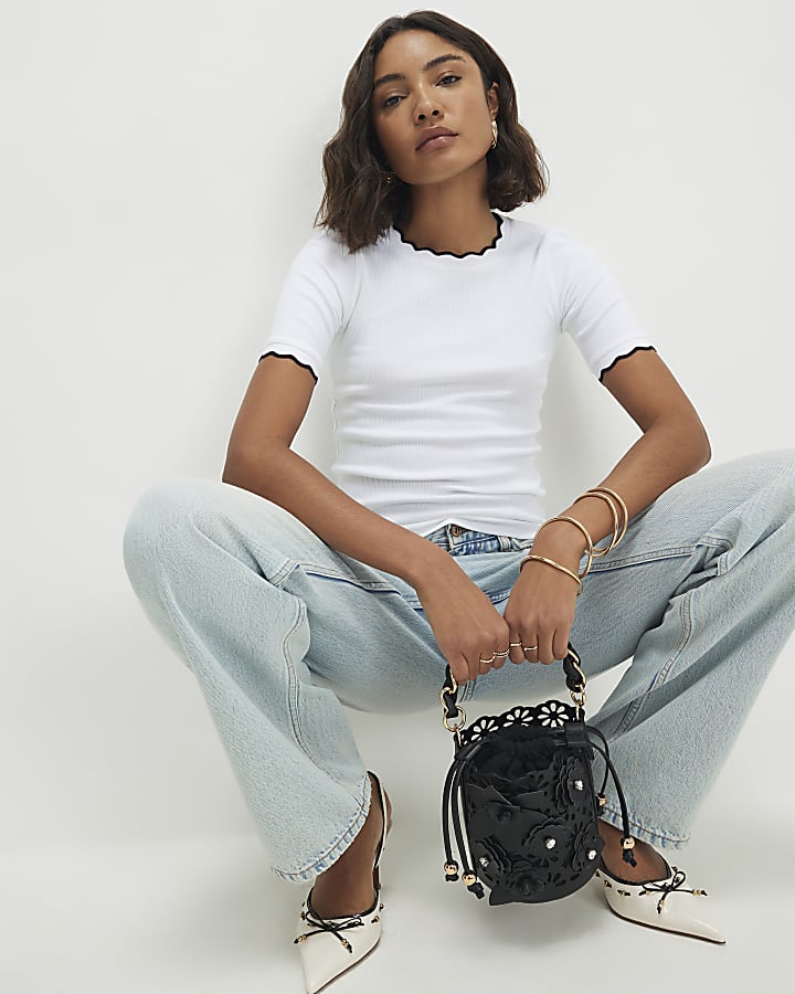 White Scallop Trim Fitted T-Shirt