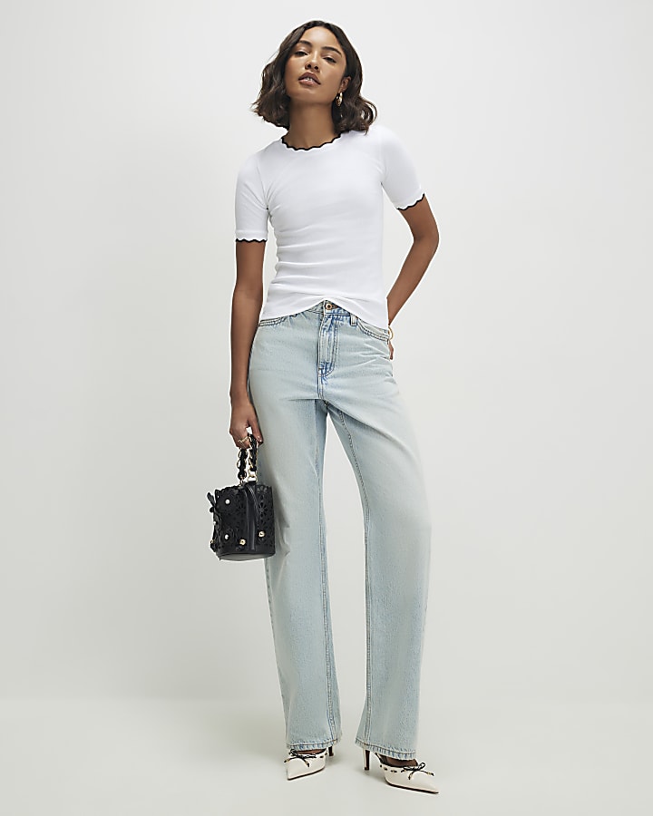 White Scallop Trim Fitted T-Shirt