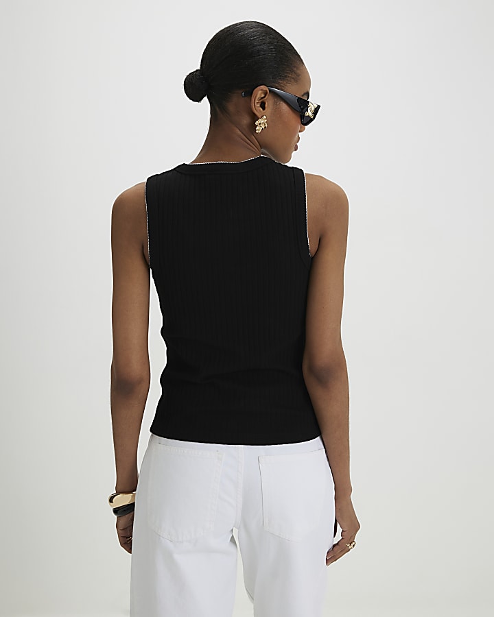 Black Sleeveless Scallop Trim Ribbed Top