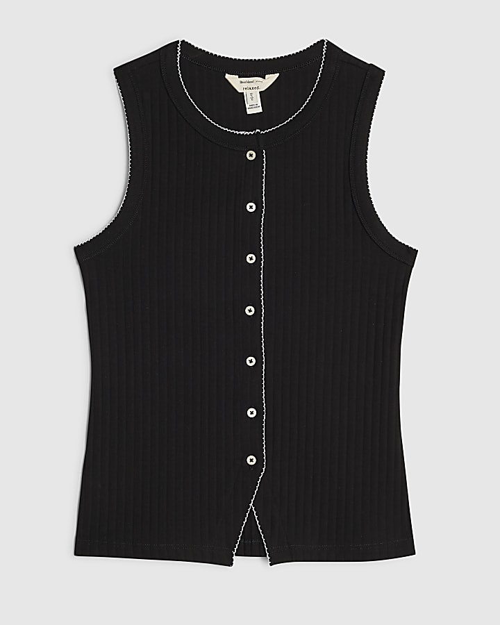 Black Sleeveless Scallop Trim Ribbed Top