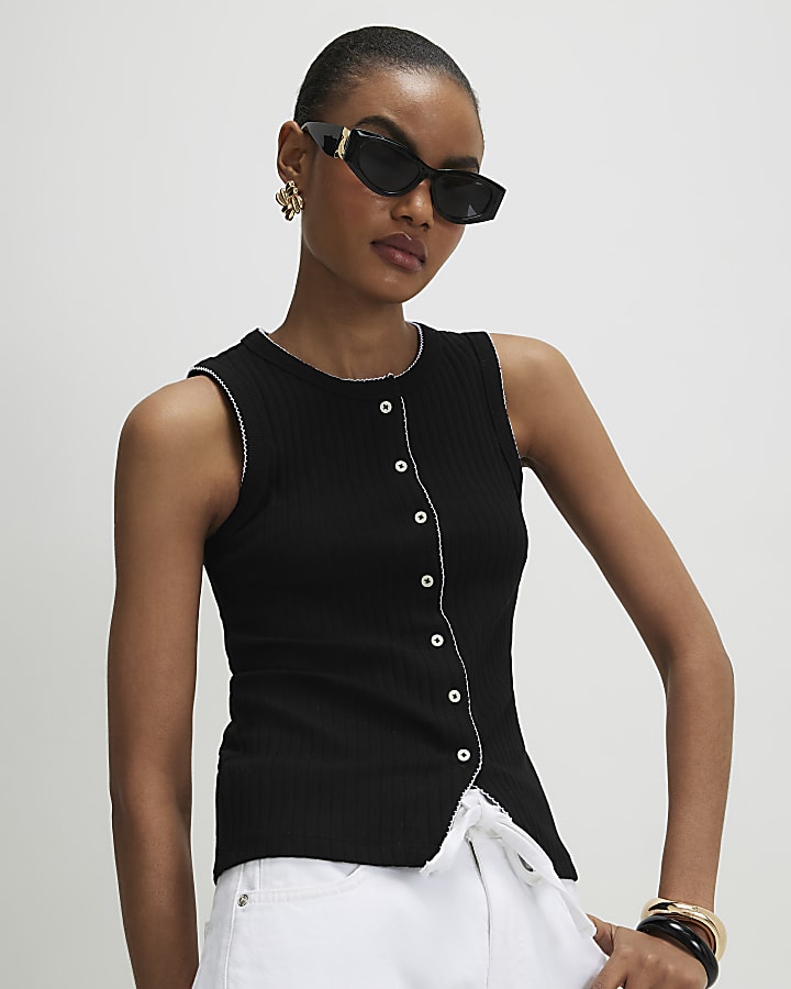 Black Sleeveless Scallop Trim Ribbed Top
