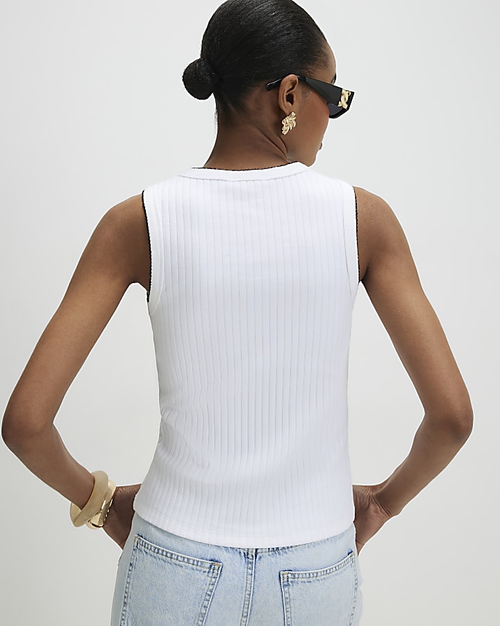 White Sleeveless Scallop Trim Ribbed Top