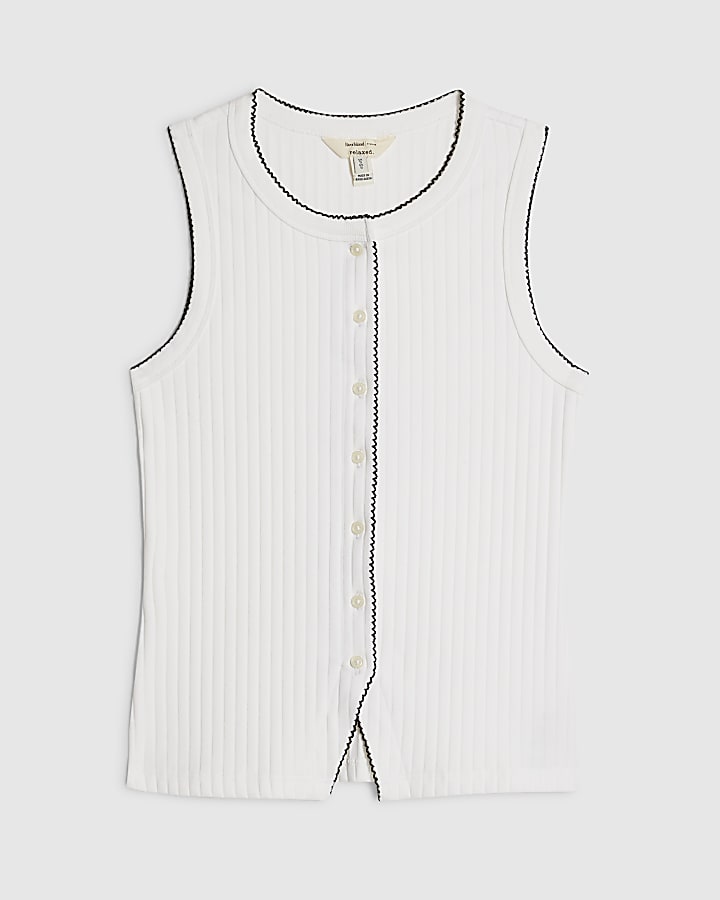 White Sleeveless Scallop Trim Ribbed Top
