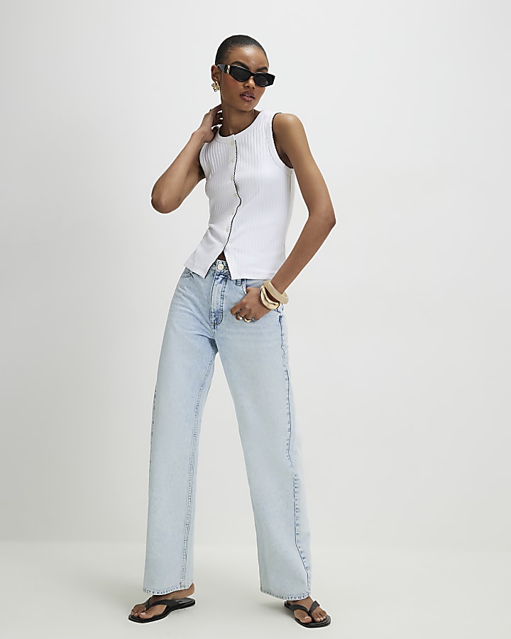 White Sleeveless Scallop Trim Ribbed Top