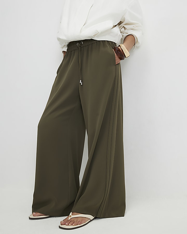 Petite Khaki Wide Leg Smart Joggers
