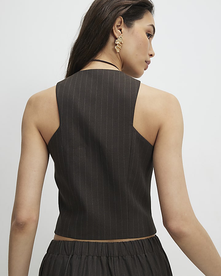 Brown Sleeveless Pinstripe Crop Waistcoat