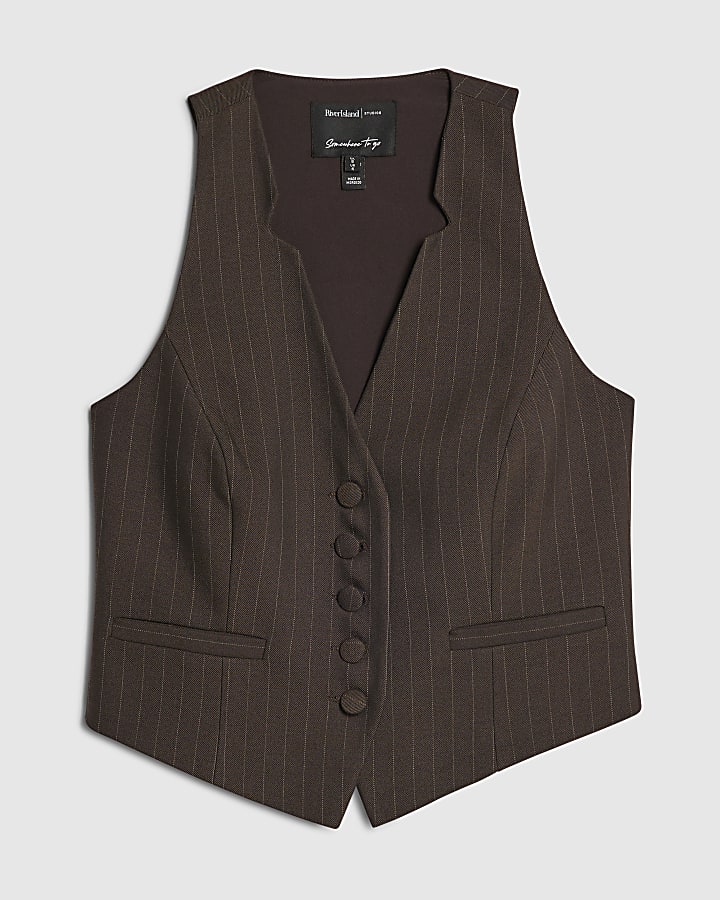 Brown Sleeveless Pinstripe Crop Waistcoat