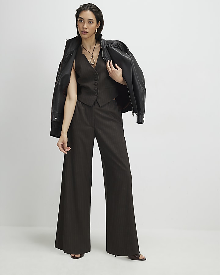 Brown Sleeveless Pinstripe Crop Waistcoat