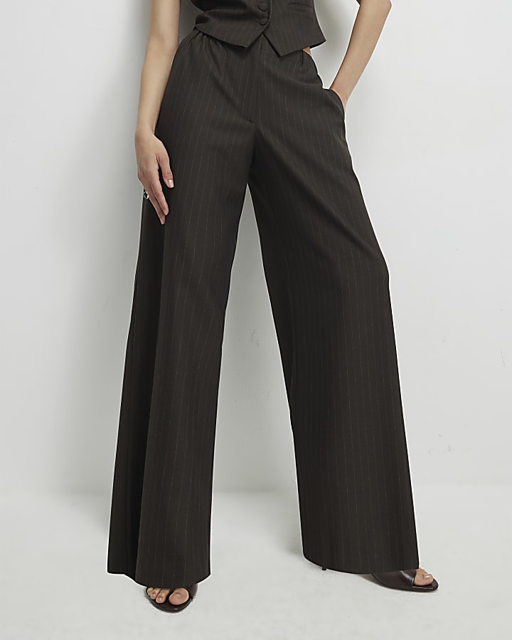 Brown Pinstripe Wide Leg Trousers
