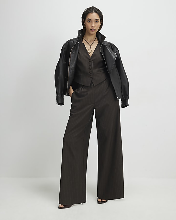 Brown Pinstripe Wide Leg Trousers