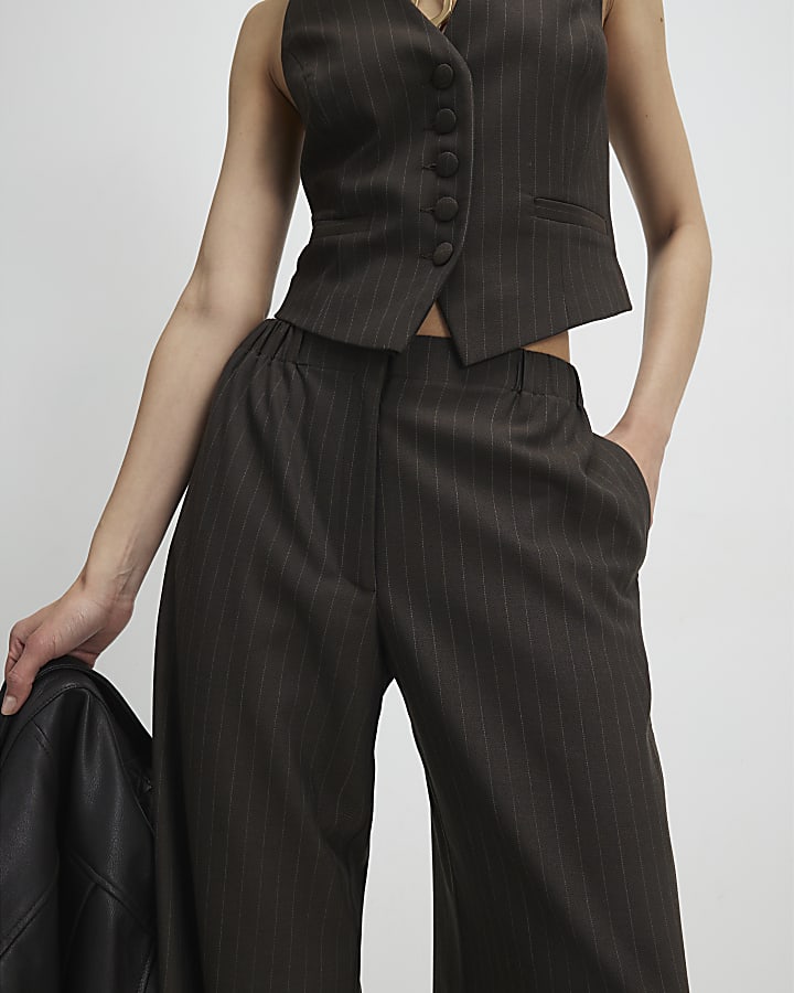 Brown Pinstripe Wide Leg Trousers