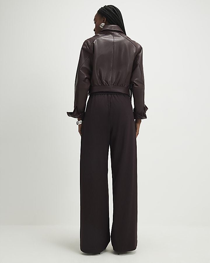 Red Pinstripe Pleated Wide Leg Trousers