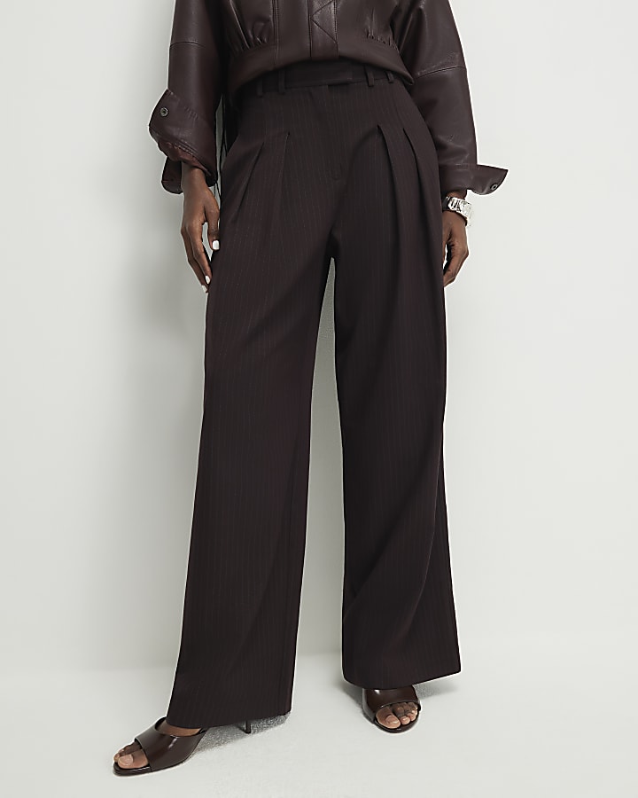 Red Pinstripe Pleated Wide Leg Trousers