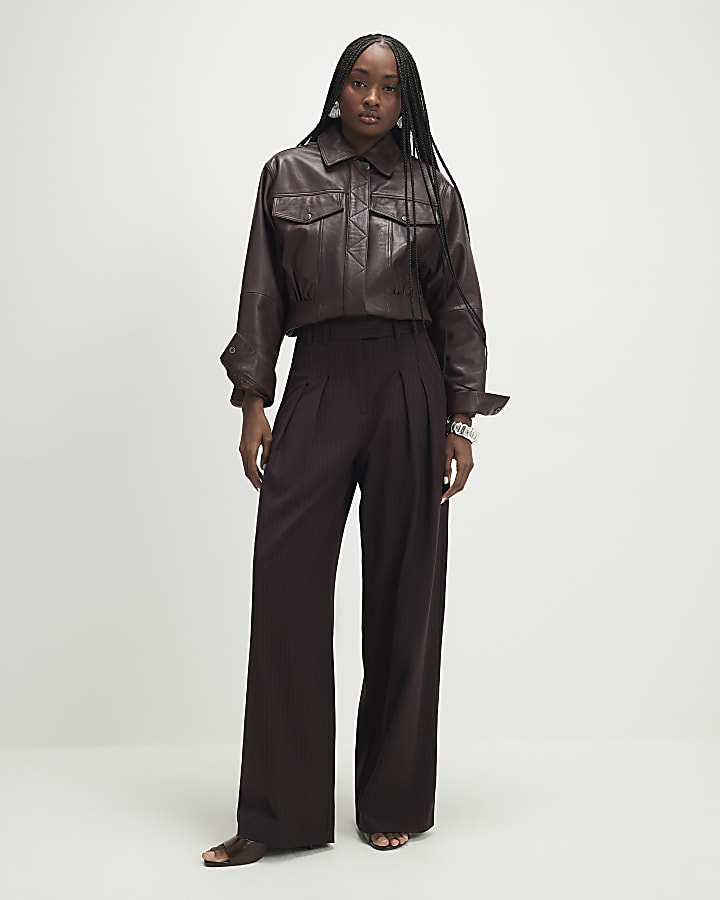 Red Pinstripe Pleated Wide Leg Trousers