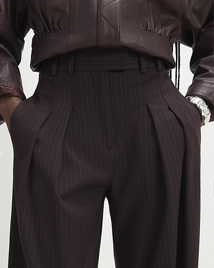 Red Pinstripe Pleated Wide Leg Trousers