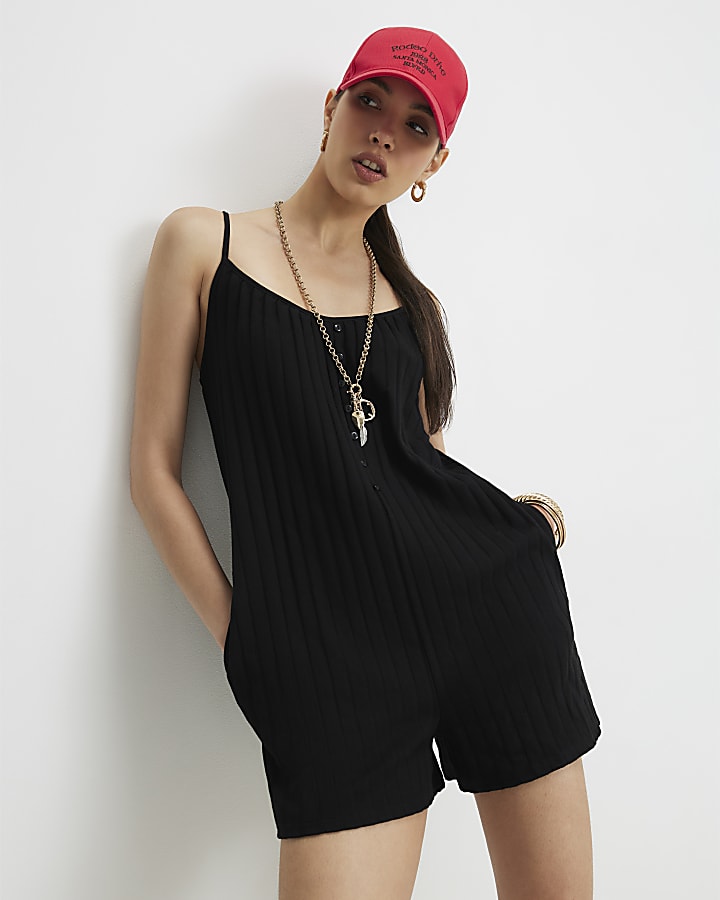 Black Ribbed Button Through Playsuit