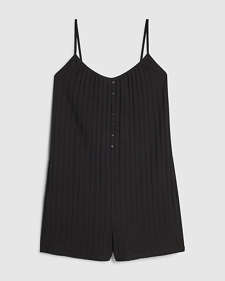 Black Ribbed Button Through Playsuit