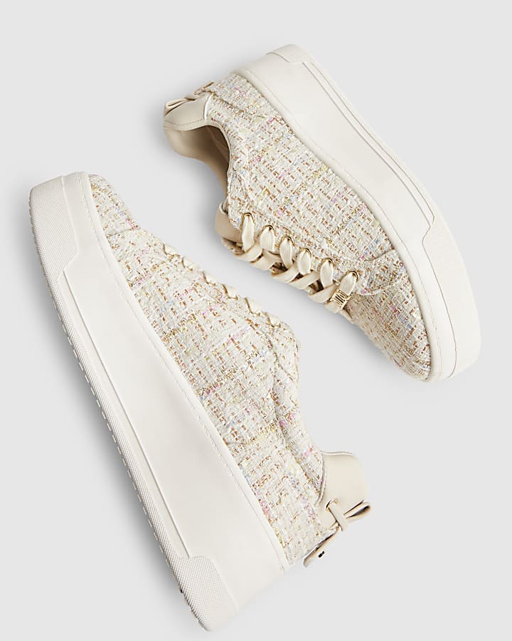 Beige Boucle Platform Trainers