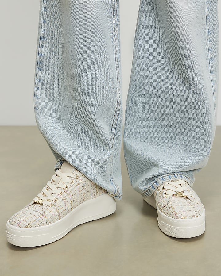 Beige Boucle Platform Trainers