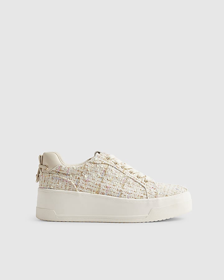 Beige Boucle Platform Trainers