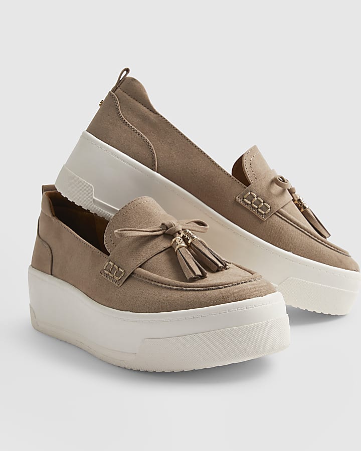 Beige Faux Suede Platform Tassel Trainers